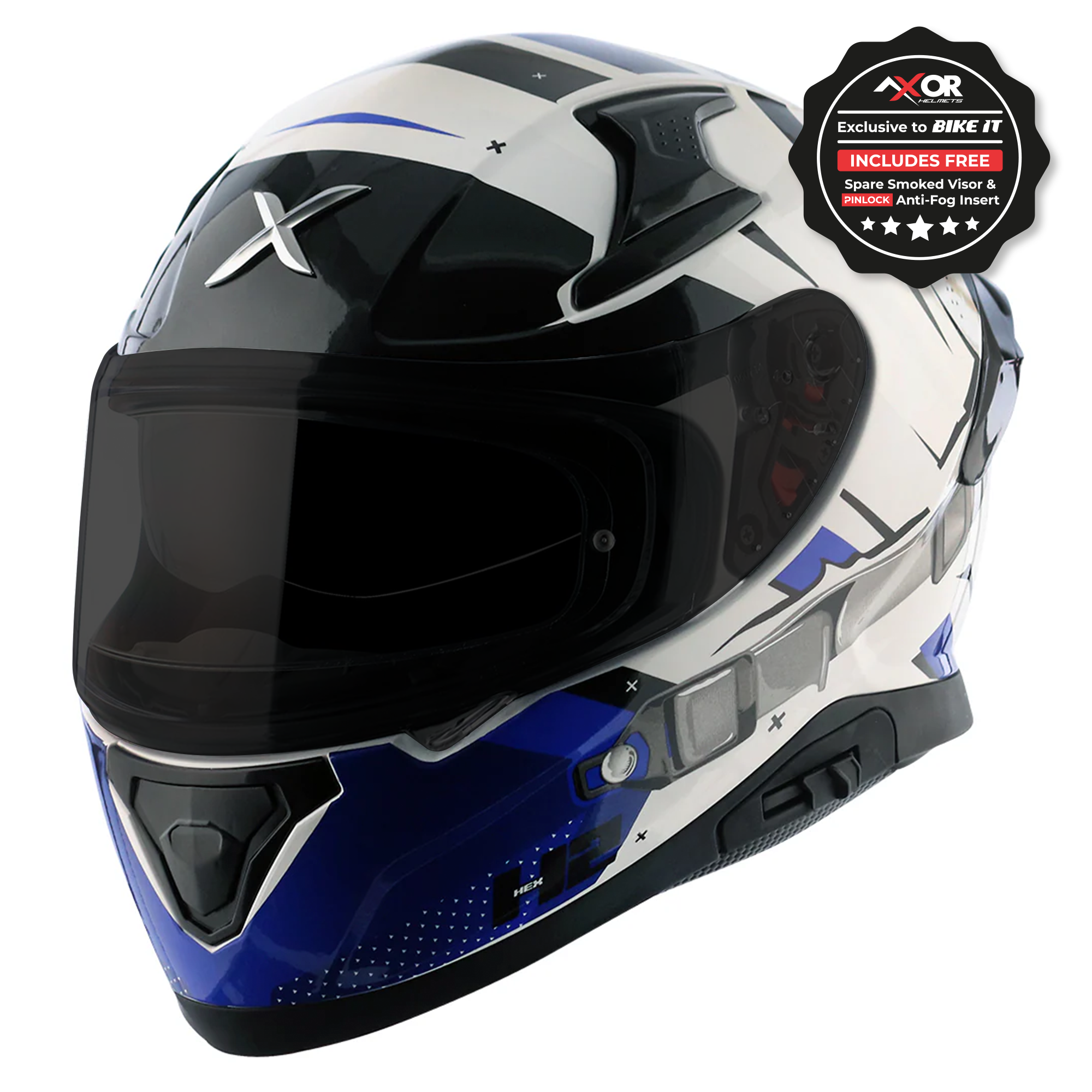 Axor Apex Full Face Motorcycle Helmet - Hex-2 White Blue Gloss