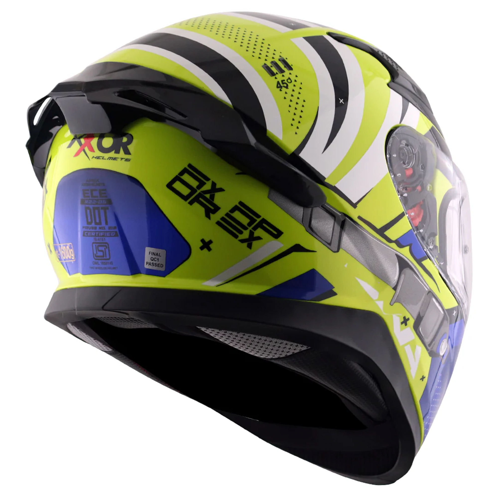 Axor Apex Full Face Motorcycle Helmet - Hex-2 Neon Yellow Blue Gloss