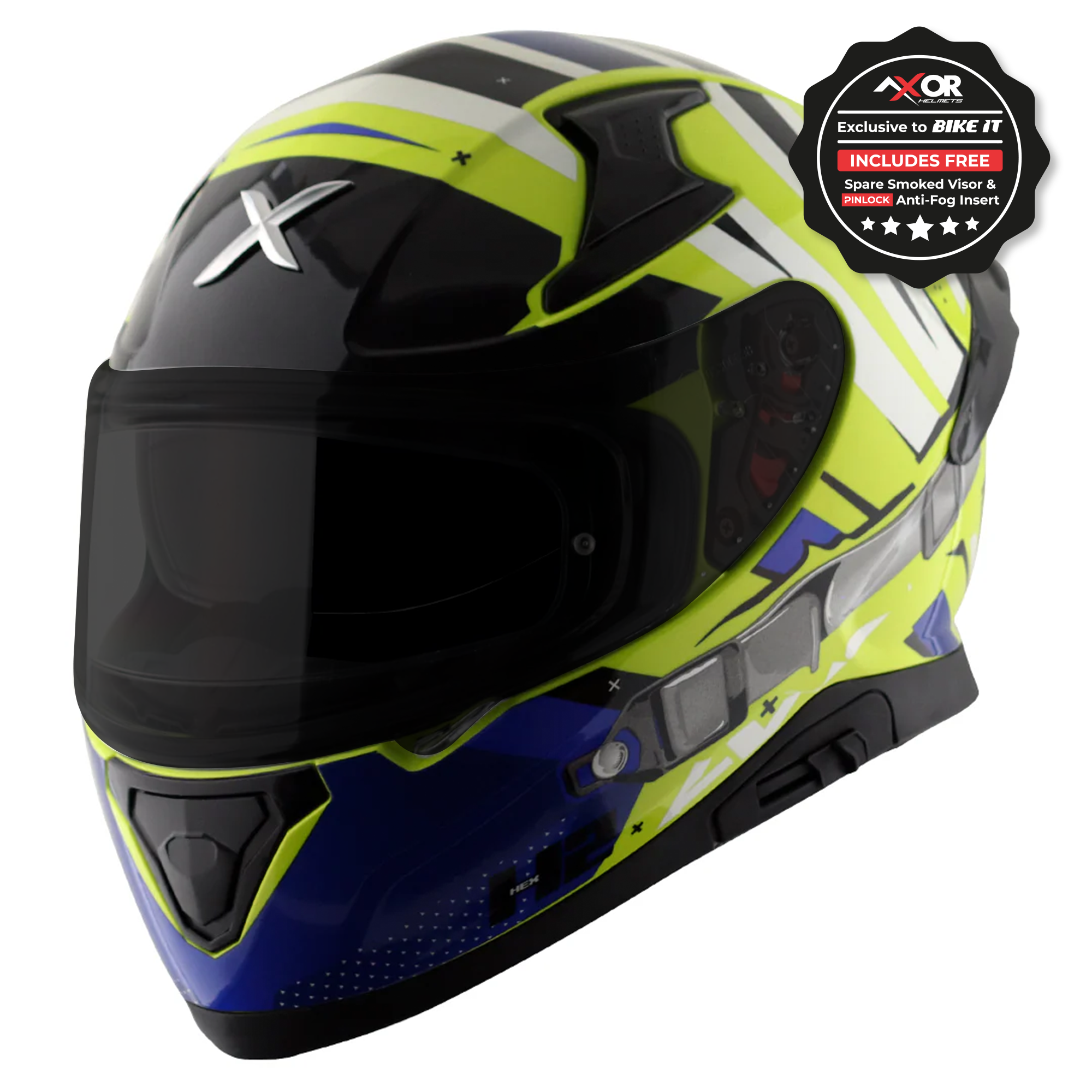 Axor Apex Full Face Motorcycle Helmet - Hex-2 Neon Yellow Blue Gloss