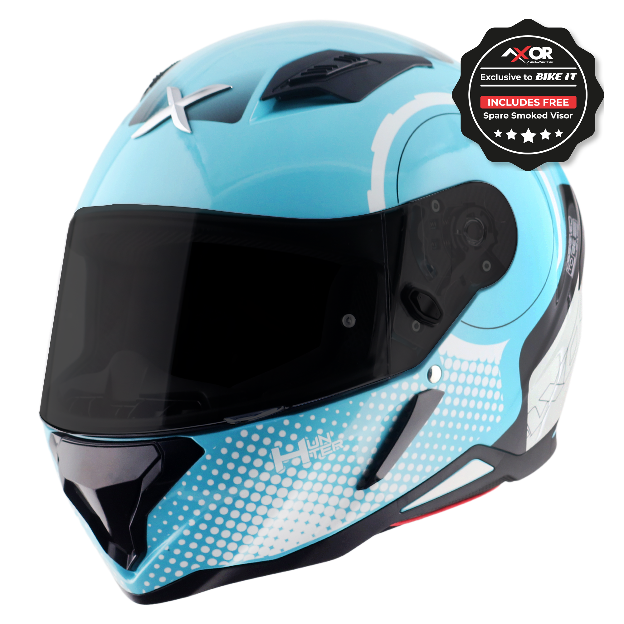 Axor Hunter SH890 Full Face Motorcycle Helmet - Spear Blue White Gloss
