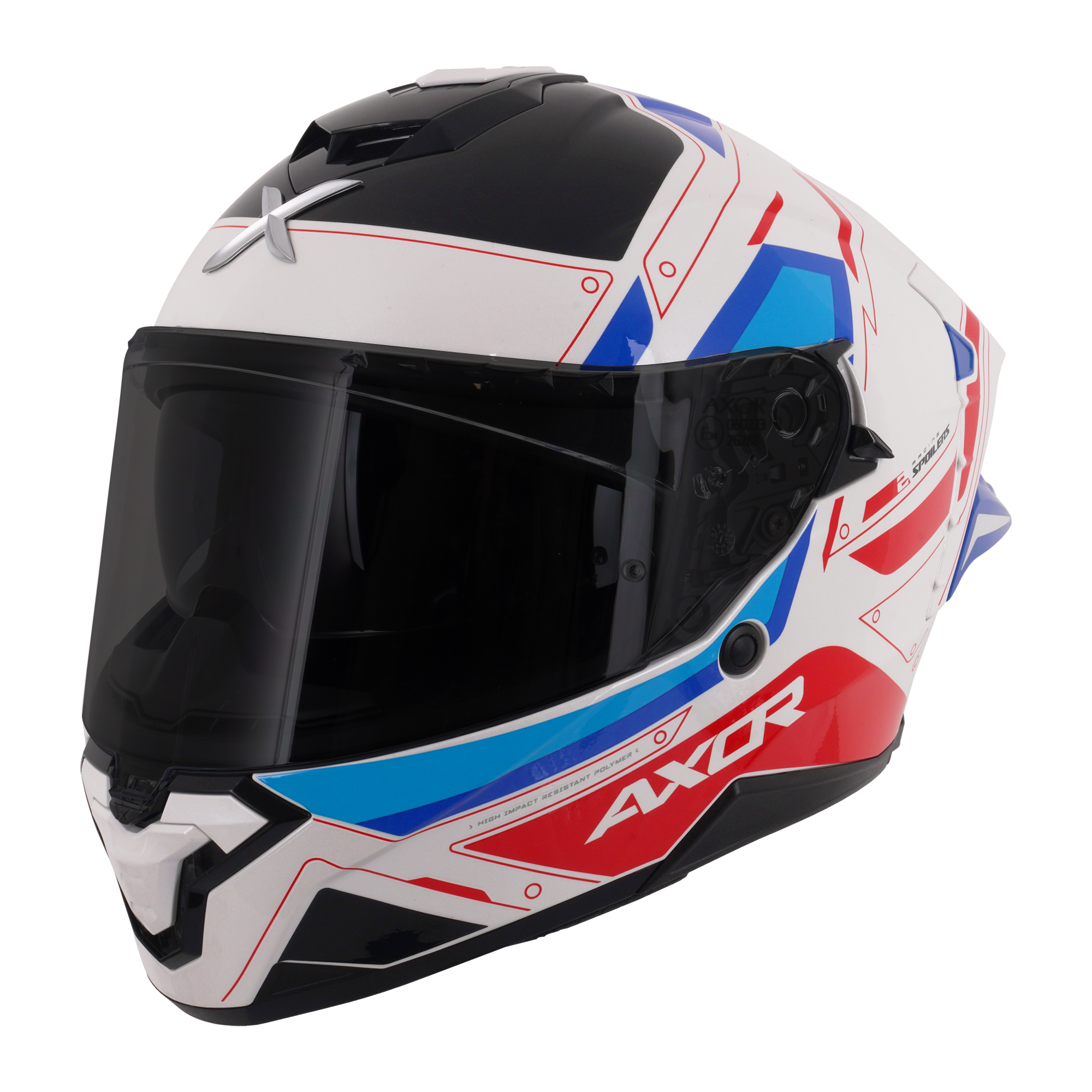 Axor Brutale Full Face Motorcycle Helmet With Dual Spoiler - Ryden White Red Blue