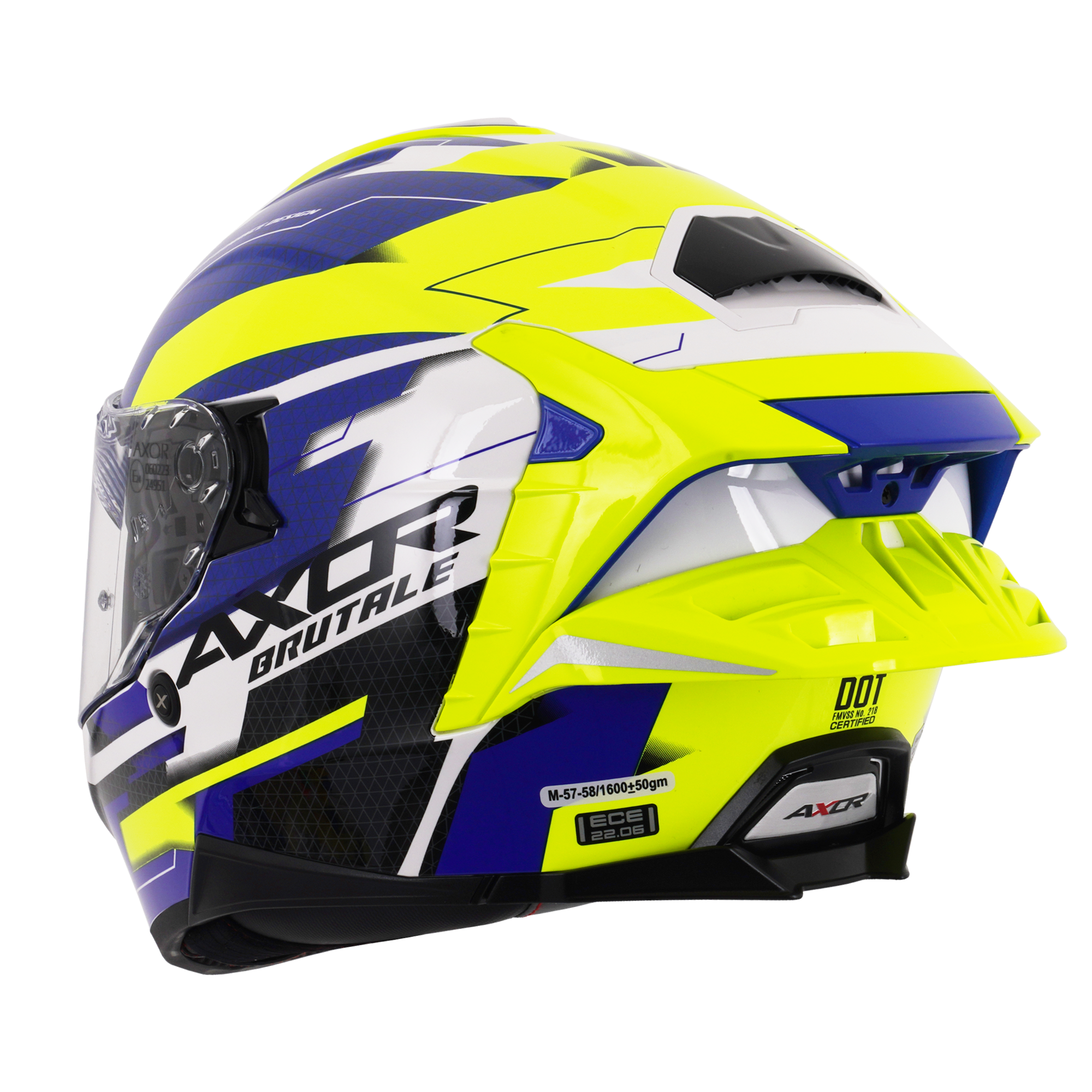 Axor Brutale Full Face Motorcycle Helmet With Dual Spoiler - Plexus Blue Fluo Yellow