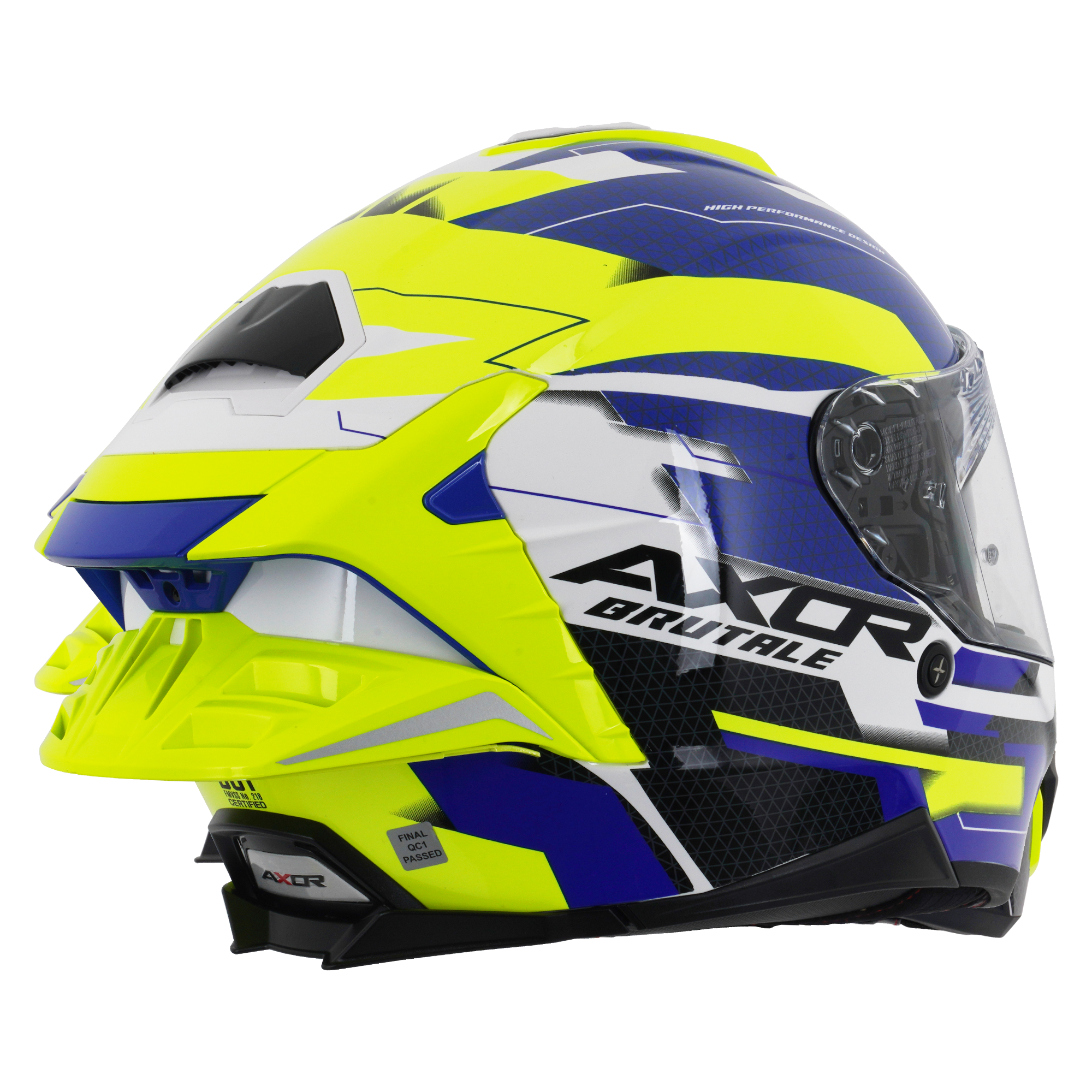 Axor Brutale Full Face Motorcycle Helmet With Dual Spoiler - Plexus Blue Fluo Yellow