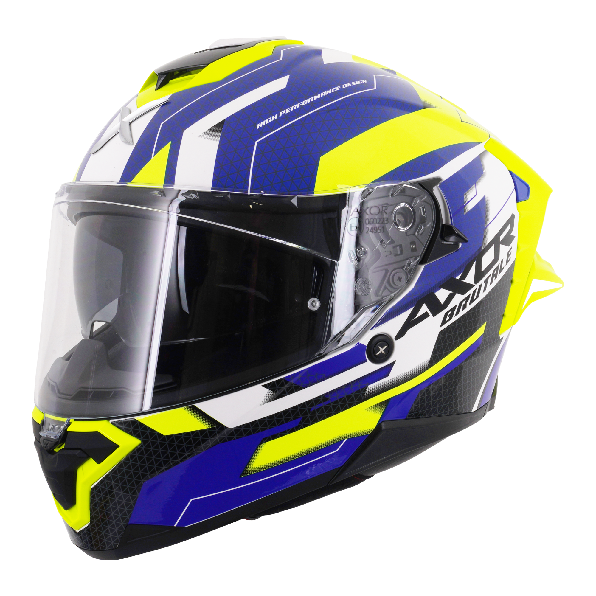 Axor Brutale Full Face Motorcycle Helmet With Dual Spoiler - Plexus Blue Fluo Yellow