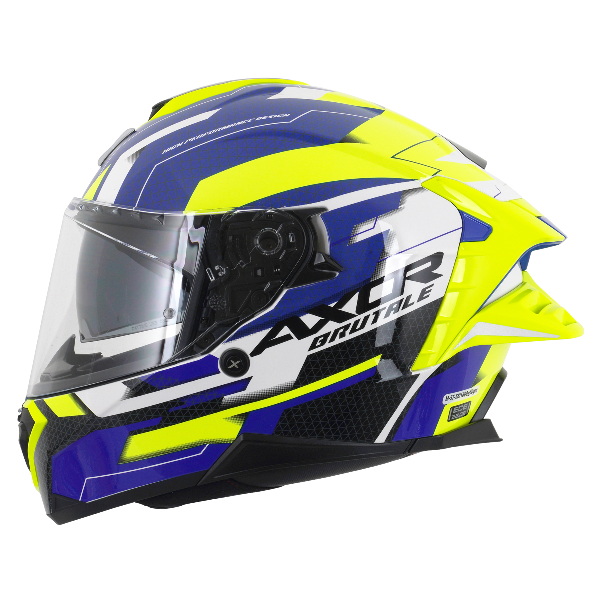 Axor Brutale Full Face Motorcycle Helmet With Dual Spoiler - Plexus Blue Fluo Yellow