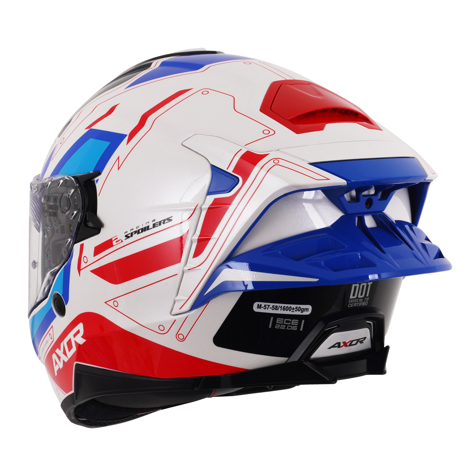 Axor Brutale Full Face Motorcycle Helmet With Dual Spoiler - Ryden White Red Blue