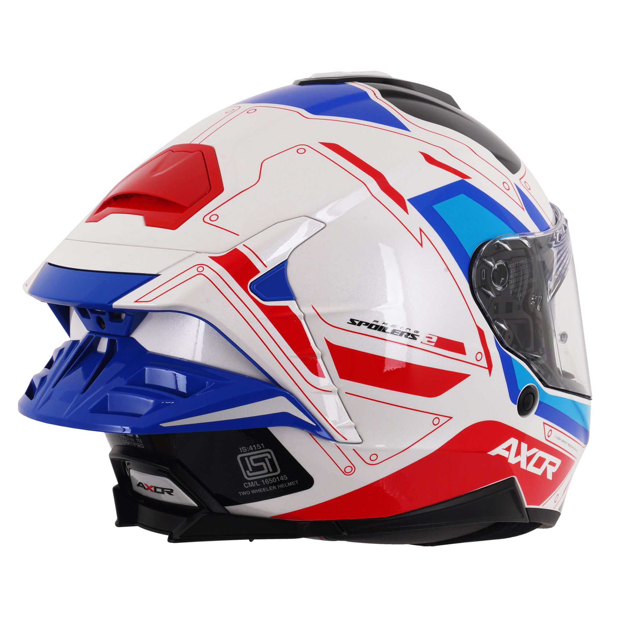 Axor Brutale Full Face Motorcycle Helmet With Dual Spoiler - Ryden White Red Blue
