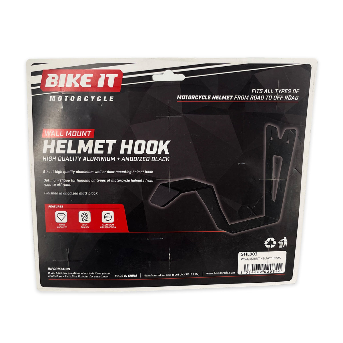 Bike It Wall Mount Helmet Hook – Matt Black