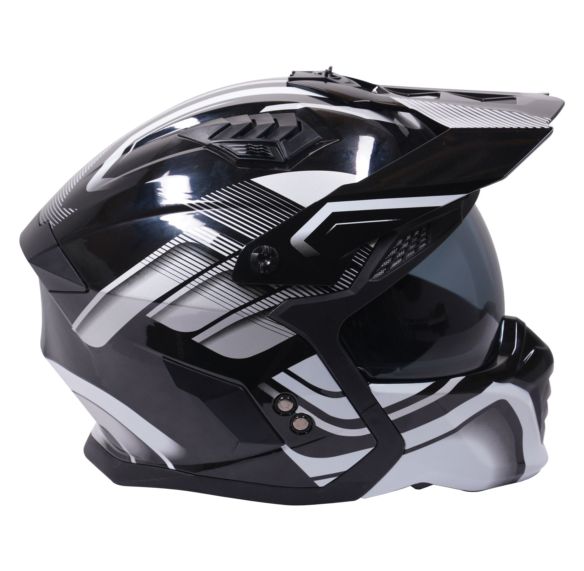 Stealth Fighter Multi Function Motorcycle Full & Open Face Helmet Graphic Orbit Black & Silver Gloss