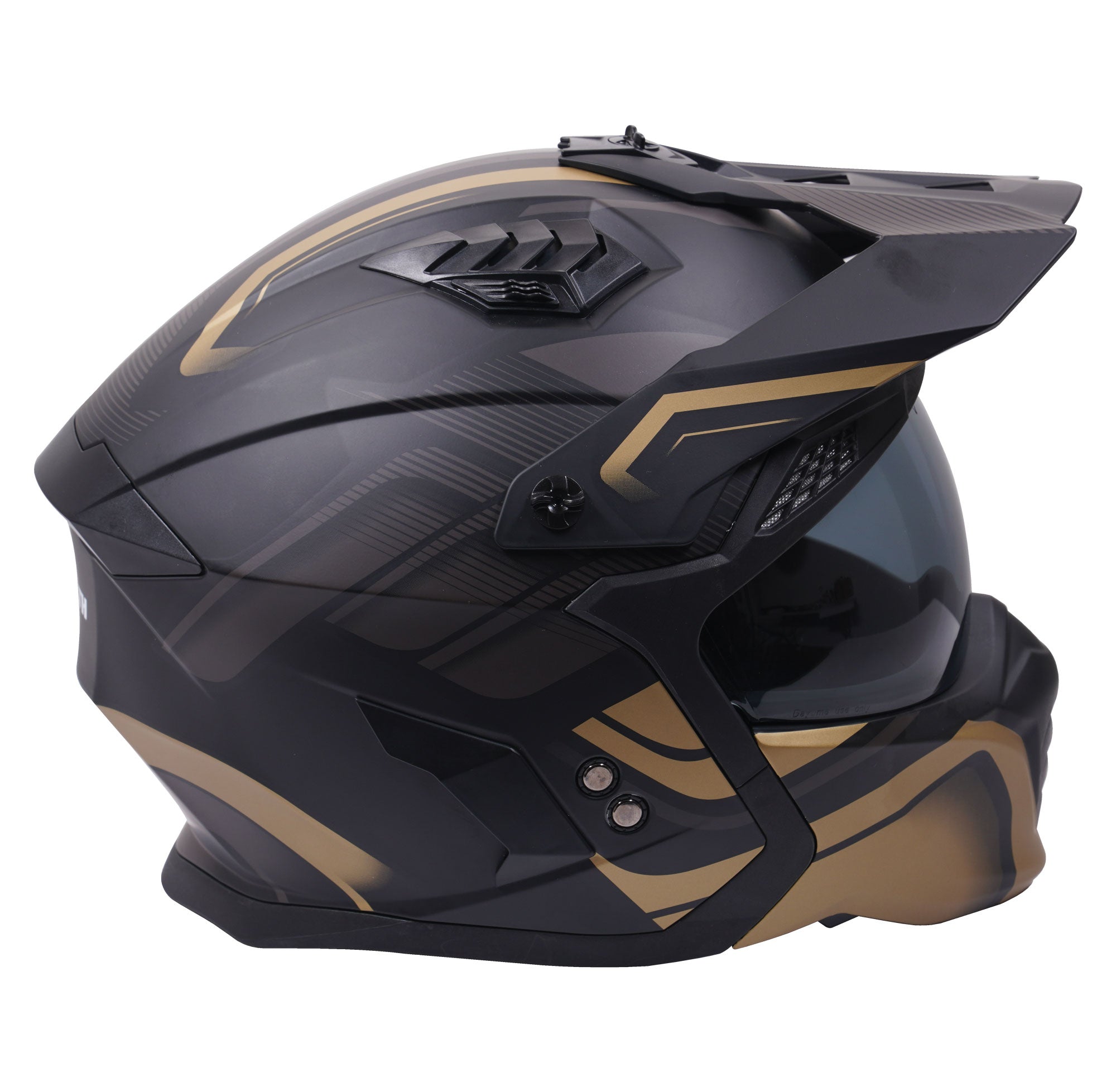 Stealth Fighter Multi Function Motorcycle Full & Open Face Helmet Graphic Orbit Black & Gold Matt