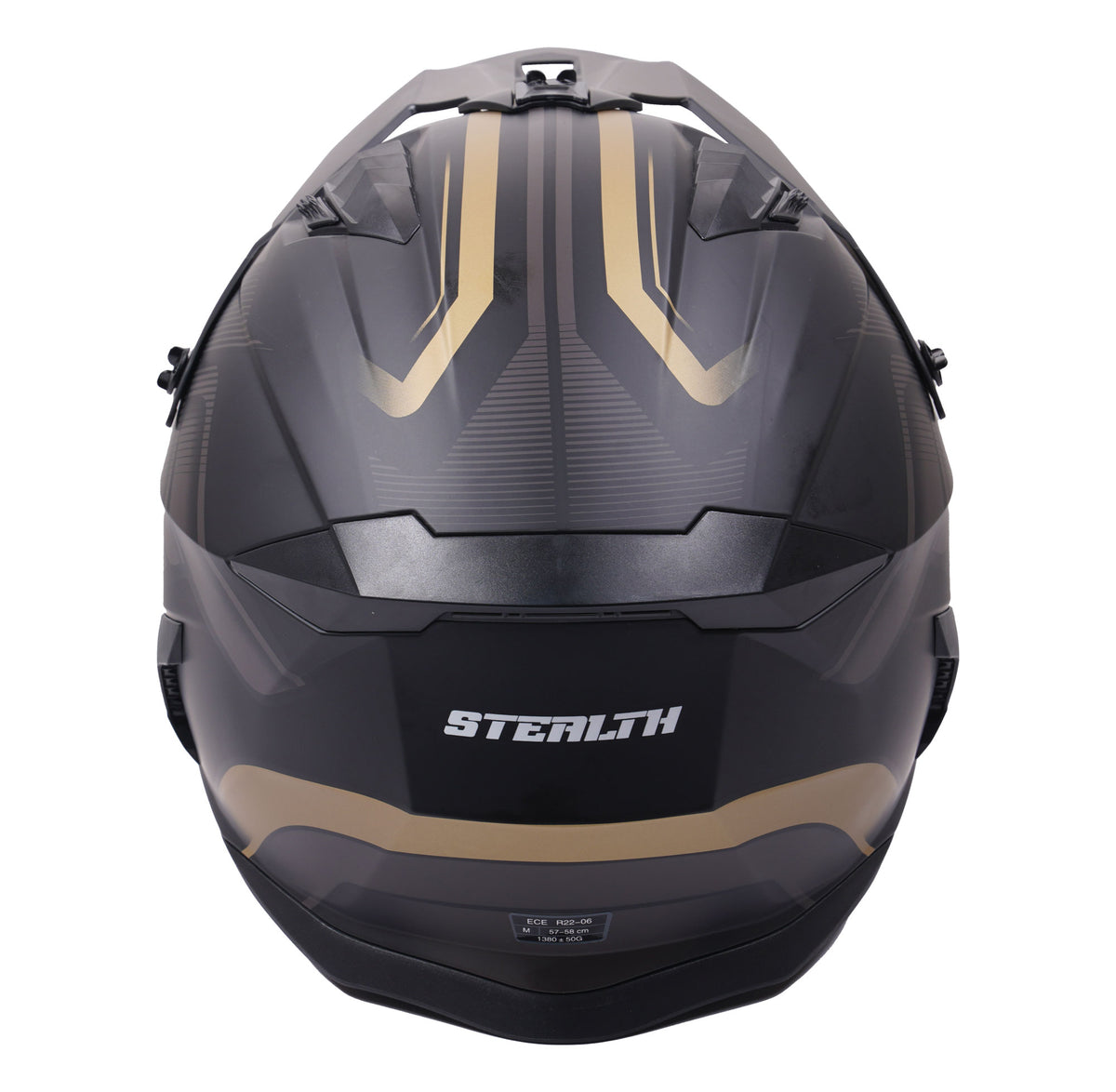 Stealth Fighter Multi Function Motorcycle Full & Open Face Helmet Graphic Orbit Black & Gold Matt