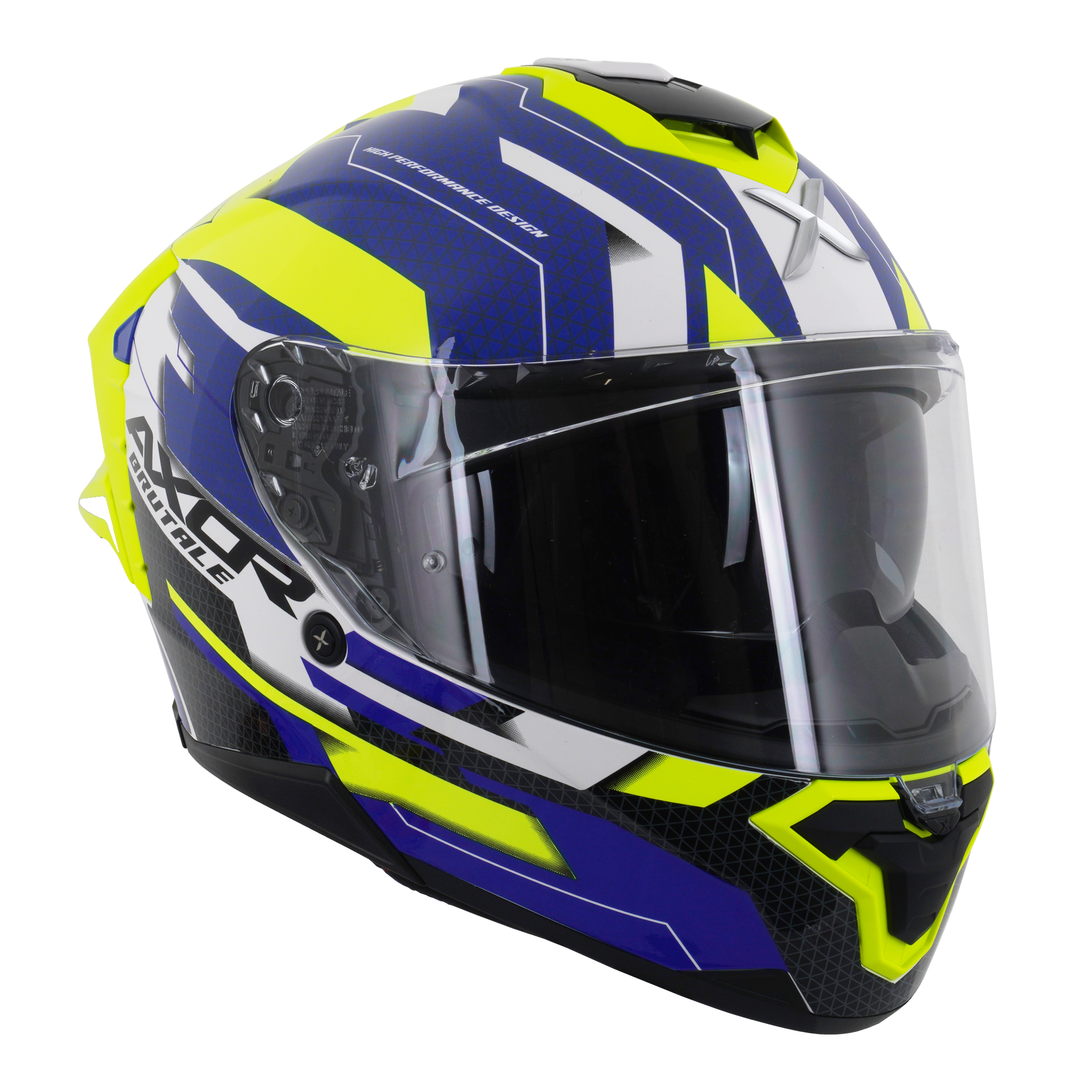 Axor Brutale Full Face Motorcycle Helmet With Dual Spoiler - Plexus Blue Fluo Yellow
